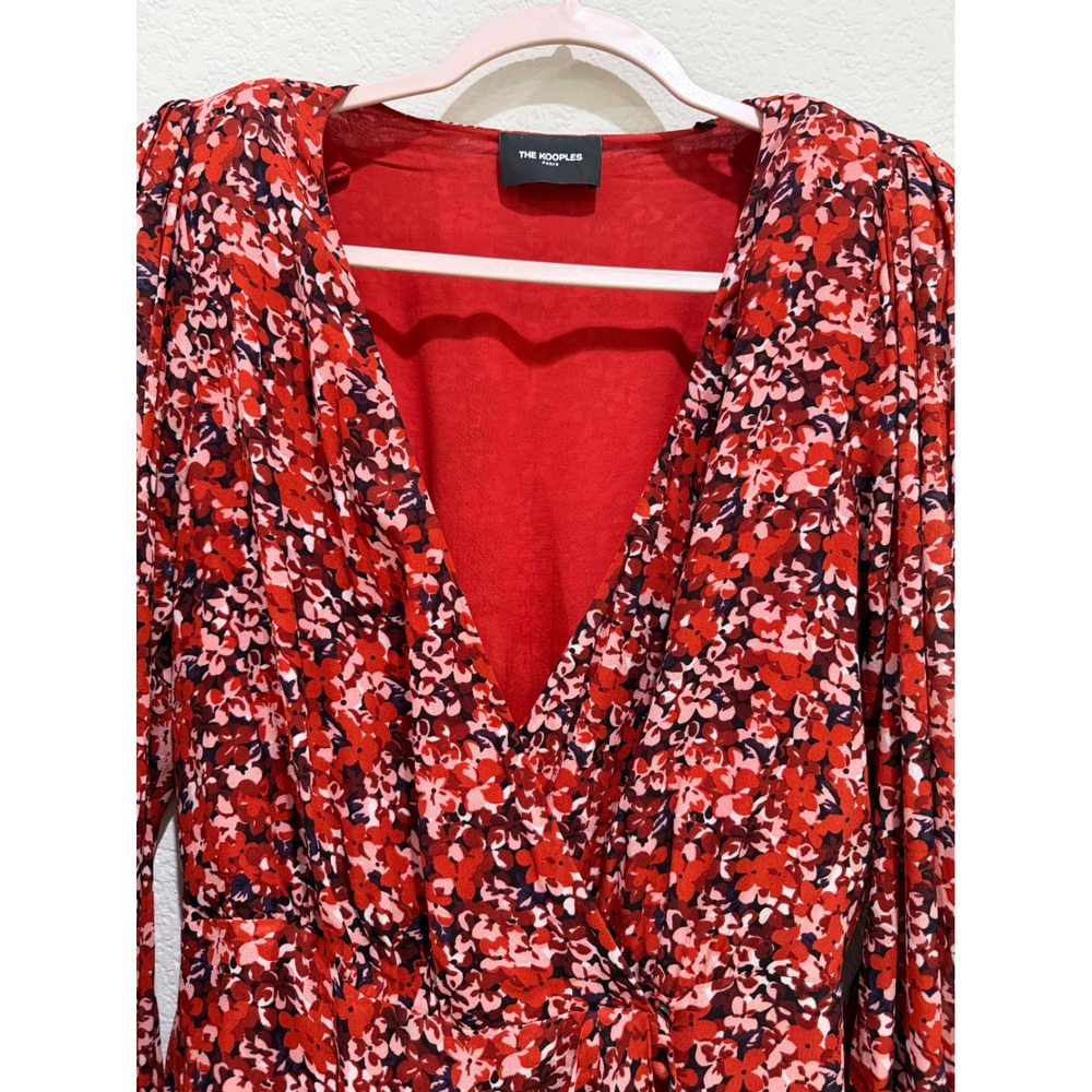 The Kooples Mini Floral Dress Red Medium V-Neck Long Sleeve Button Cuff Feminine - Picture 4 of 11